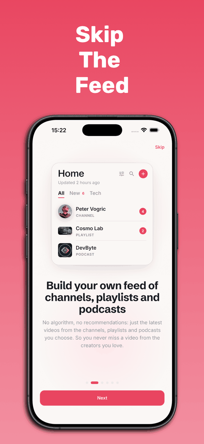 Streamscription on iPhone: a Home screen listing the channel Peter Vogric, the playlist Cosmo Lab and the podcast DevByte, each with a badge counting its unwatched videos, above tabs for All, New and Tech.