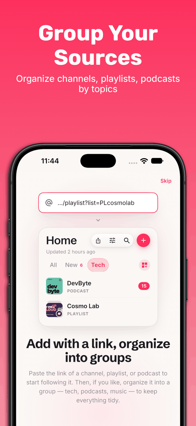 A YouTube playlist link being pasted into Streamscription, with the resulting source filed under the user's Tech group next to the DevByte podcast.