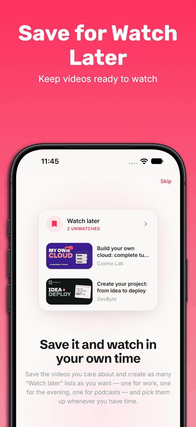 A saved list in Streamscription holding two unwatched videos, each shown with its thumbnail, title and channel name.
