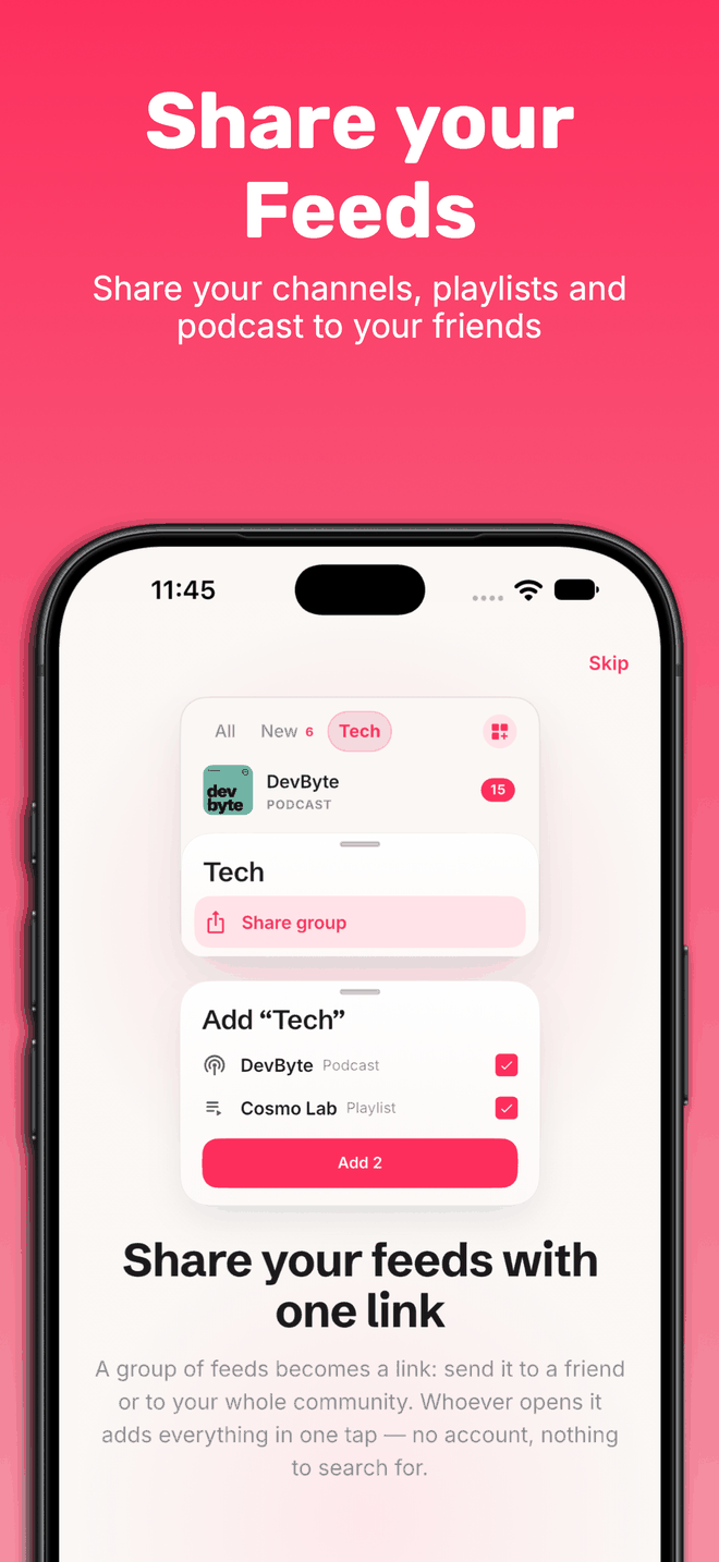 Streamscription turning a group into a link, and the sheet the recipient sees: a checklist of the two sources it contains with a single button to add them both.